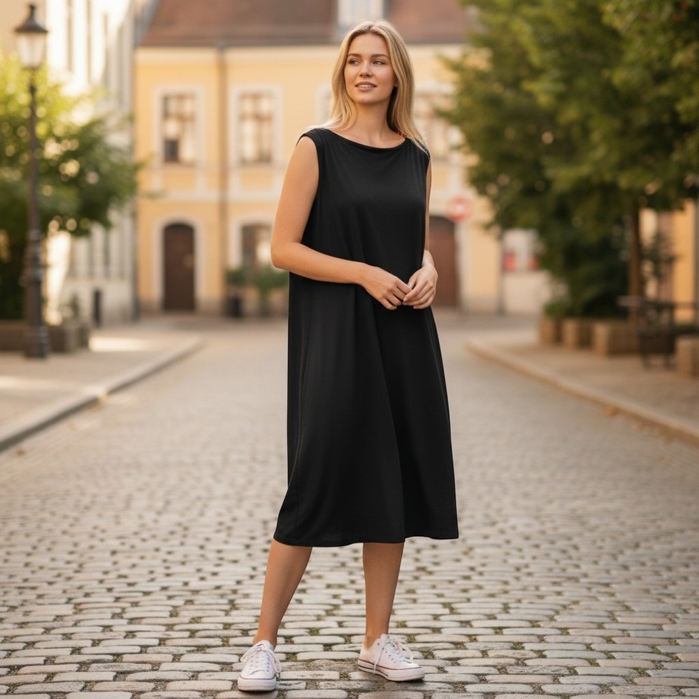 Eileen Fisher Woman Black Viscose Spandex Sleeveless Midi Dress 3X F8VFF-D4296X